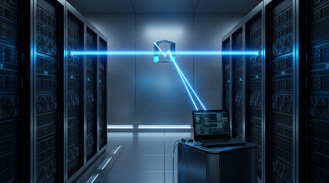 Man in the Middle Attack Concept Glass Prism Redirecting Glowing Blue Light