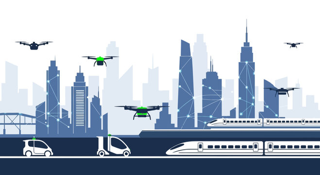 Futuristic urban transportation system featuring autonomous vehicles drones and high speed trains in a smart city.