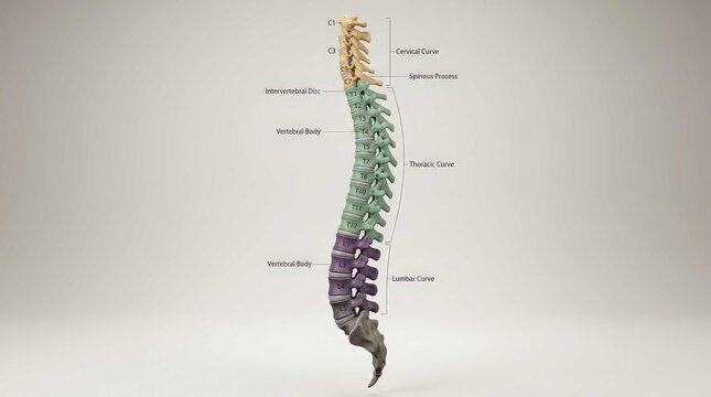 Anatomy of the Human Spine Diagram with Cervical Thoracic and Lumbar Vertebrae Segments. Scientific 3D render showing bone structure, vertebral alignment, and intervertebral spacing for medical study.