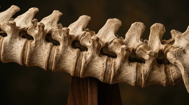 Detailed close up side view of a vertebrate spinal column resting on a wooden stand, showcasing intricate bone texture and anatomical structure in a cinematic widescreen composition.