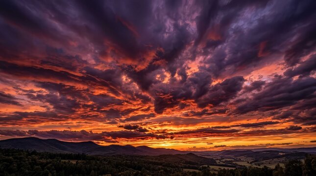 Dramatic sunset landscape with vibrant fiery orange and purple stratocumulus clouds over vast silhouetted mountains, capturing a wide cinematic view of the horizon during the golden hour atmosphere.
