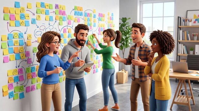 Agile Team Collaboration: A diverse group of people working together, using sticky notes and diagrams on a wall to brainstorm ideas and plan a project.