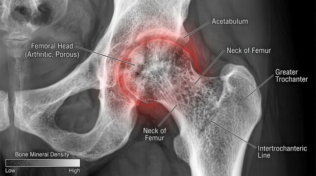 Educational Medical Scan Displaying Human Hip Joint Anatomy and Osteoporosis Diagnostics, Highlighting Femoral Head Degeneration and Bone Mineral Density Analysis for Clinical Orthopedic Research.