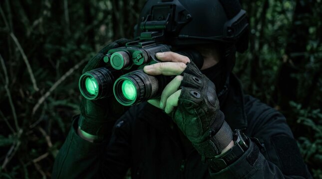 Tactical soldier observing through advanced night vision binoculars in a dense forest, featuring detailed equipment and glowing green lenses for covert military operations in low light environment.