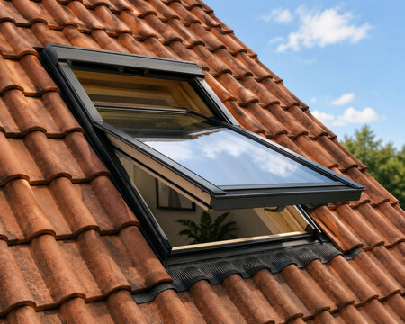 Open Roof Window Installed in Red Clay Tile Roof