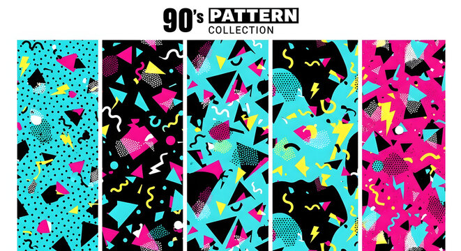 Vibrant 90s geometric patterns collection, colorful abstract designs