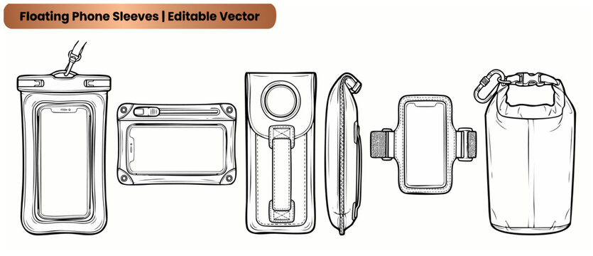 Waterproof phone pouch vector illustration set of dry bag cases, floating phone sleeves, and running armband templates for smartphone protection during outdoor sports, travel gear mockup line art.