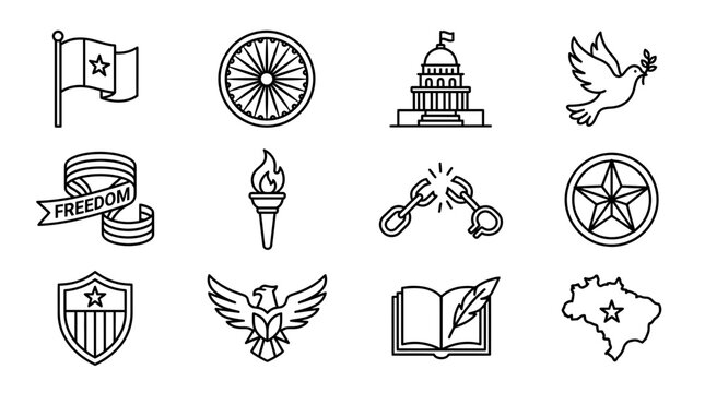 Freedom and Democracy Icons: Flag, Dove, Capitol, Torch, Broken Chains, Book