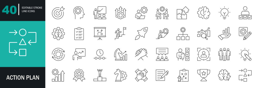 Action plan icon set. Containing business, goal, team, timeline, schedule, strategy, analysis, tasks, planning, collaboration, setting, workflow, and more. Editable line icons. Vector illustration. 