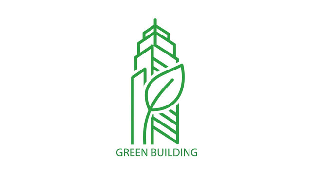 Minimalist green building logo design featuring a skyscraper integrated with a leaf.