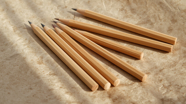 Group of Unsharpened and Sharpened Wooden Pencils on Textured Brown Paper