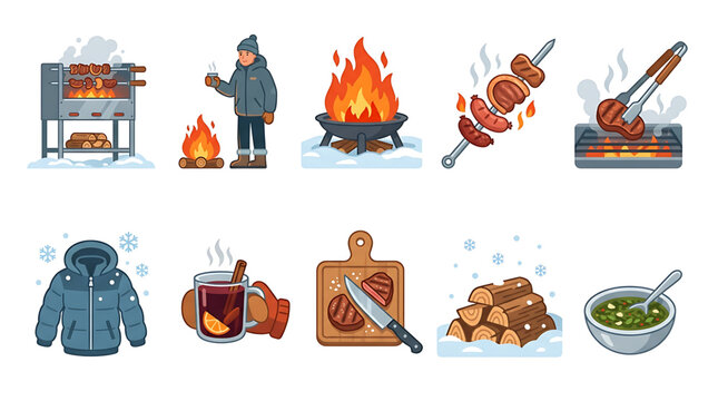 Winter barbecue and outdoor cooking concept with various icons including a man in a jacket, fire pits, skewers, a coat, hot drink, cutting board, logs, and soup