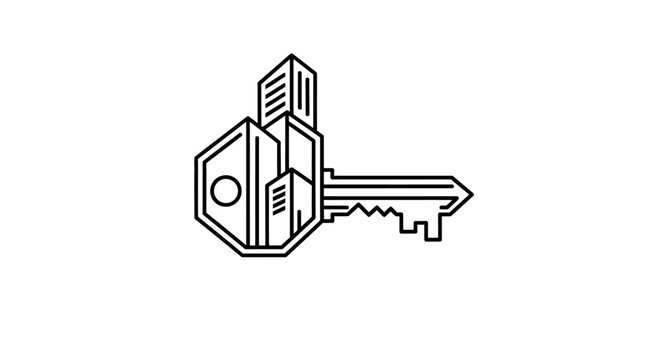 Urban Development Key Line Art Icon. Real Estate Access, City Security, Property Investment, and Smart City Concept Illustration.