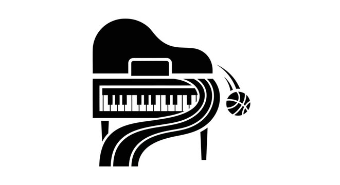 Abstract graphic combining grand piano and basketball through a flowing line, depicting the harmony of music and sport.