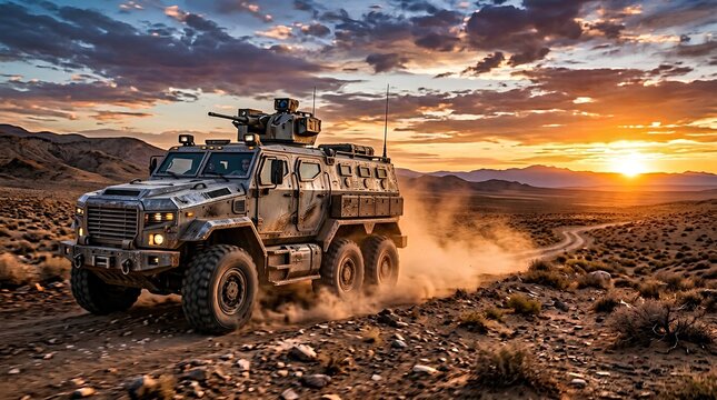 夕日を背景に荒野を走る軍用装甲車
