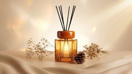 Fototapeta premium Reed diffuser with sticks and flowers on beige background