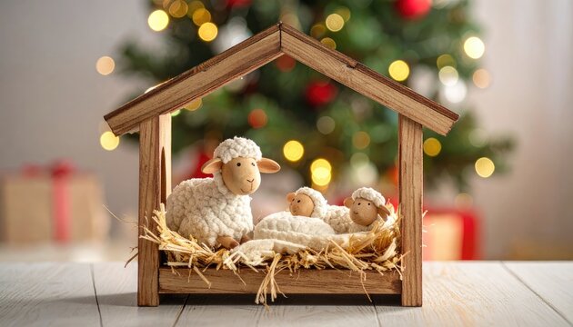 Christmas Nativity Scene with Sheep and Baby Jesus in Stable.