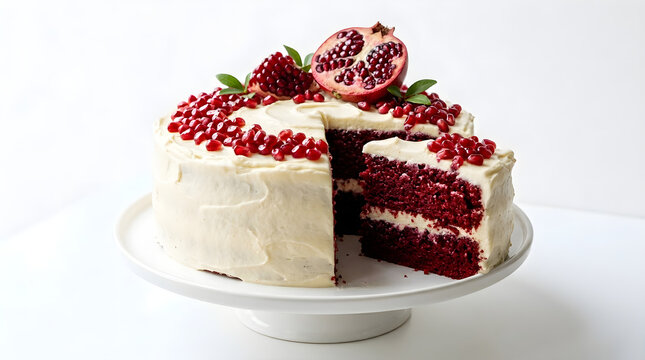 A whole red velvet cake topped with fresh pomegranate seeds and cream cheese frosting on a white cake stand isolated