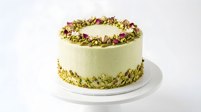 Elegant pistachio cream cake decorated with edible flowers and nuts on a white pedestal stand against a plain white background