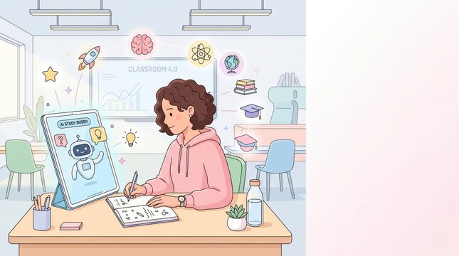 EdTech Innovation: Young student using an AI Study Buddy tutor on a tablet for personalized e-learning. Future Classroom 4.0 concept vector illustration.