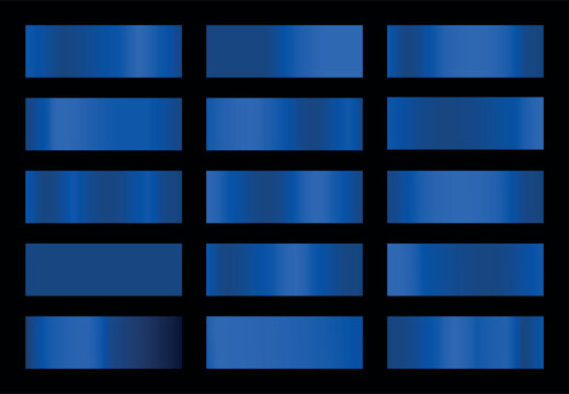 A collection of fifteen premium blue metallic gradient swatches featuring smooth transitions and polished chrome effects for professional graphic design and web projects.Blue Metallic Gradient Swatche