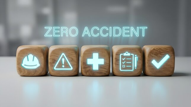 Zero accident health and safety policy concept with glowing neon text and compliance audit checklist icons on wooden blocks