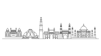 Obraz premium India City Skyline Silhouette - Iconic Landmarks Outline Vector