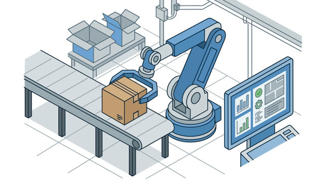 Automated Robotic Arm Working on Conveyor Belt in Modern Factory with Digital Monitor Displaying Data
