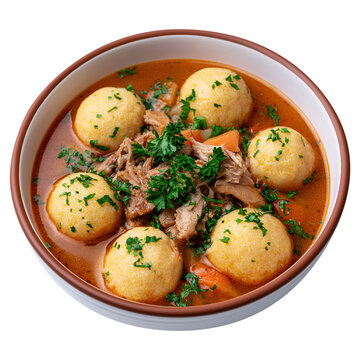 A hearty soup with chicken and cornmeal-cheese dumplings named Bori Bori isolated on transparent background