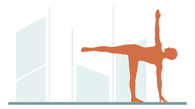 Yoga half moon pose silhouette against minimalist urban skyline