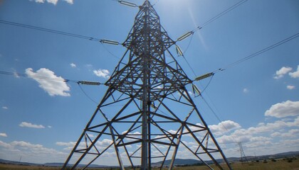 A high-voltage electricity transmission tower stands against a bright blue sky with fluffy white clouds, representing energy infrastructure and power distribution. © Varos