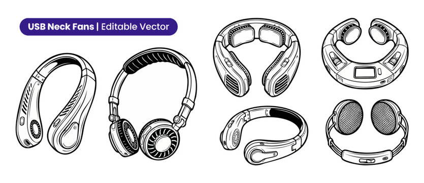 USB neck fan vector set of wearable personal cooling device designs line art sketches for hot summer travel comfort tech gear icon set isolated on white background editable clip art graphics designs.