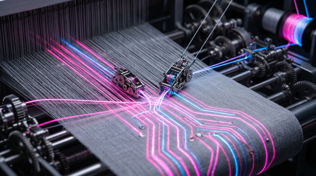 Smart Fabric Technology Concept Miniature Shuttles Weaving Glowing Fiber Optic Threads
