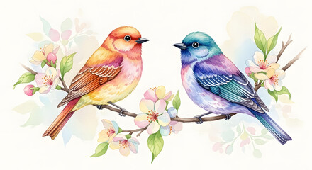 Obraz premium Two Colorful Songbirds Perched on Blooming Cherry Branch Watercolor Illustration