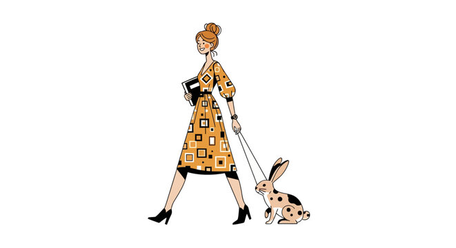 Fashionable woman walking her dalmatian dog on leash.