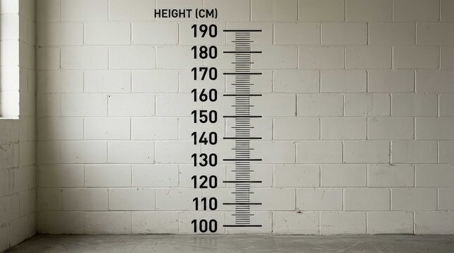 A precise human height measurement chart marked on an aged offwhite brick wall, featuring clearly defined metric scaling from one hundred to one hundred ninety centimeters for clinical evaluations.
