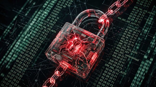 A glowing red digital padlock secured by heavy chains overlays a matrix of green binary code and system error logs, symbolizing modern cybersecurity threats, data breaches, and digital defense.