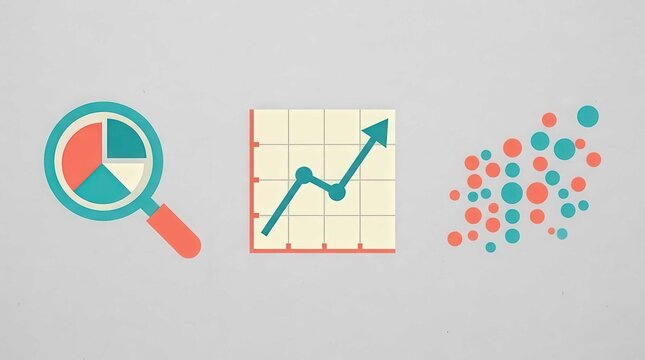 Minimalist flat vector icon set featuring business data visualization tools like a magnifying glass pie chart, upward growth line graph, and a scatter plot of colorful data points for corporate analys
