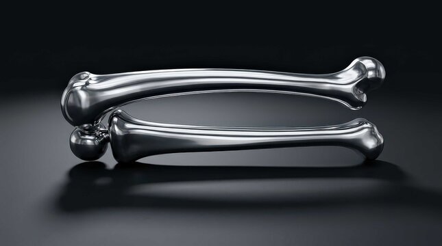 Metallic humerus bones arranged in a minimalist 3D composition, showcasing polished silver surfaces with smooth reflections on a dark backdrop for a modern scientific or artistic presentation.