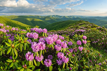 Obraz premium A wide-angle landscape photo of a mountain ridge covered in blooming pink rhododendrons under a partly cloudy sky.