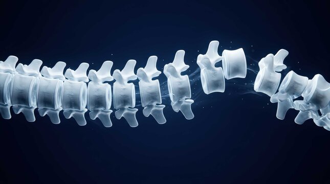Medical 3D Illustration of Human Spine Vertebrae Separation, Cinematic Visualization of Lumbar Disc Herniation or Spinal Injury for Orthopedic Healthcare, Surgery, and Anatomy Education Concepts.