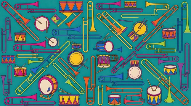 Vibrant pattern of colorful trombones and snare drums arranged on a blue background. This widescreen musical wallpaper design captures a rhythmic composition of orchestral brass and percussion icons.