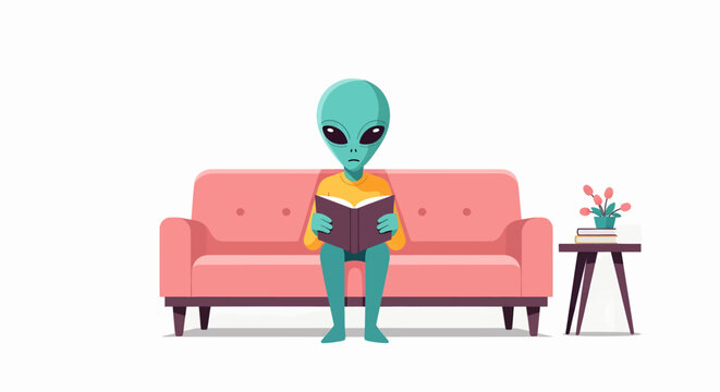 Alien sitting on sofa reading book.