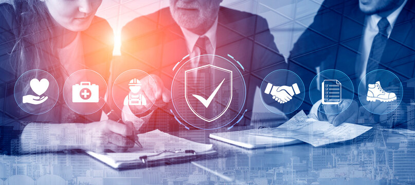 Business professionals discussing strategies while reviewing documents with icons representing trust, health, partnerships, and compliance in a modern office setting. Glyphic.