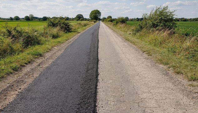 Medium shot of a rural test lane featuring plantbased asphalt binder application highlighting ecofriendly road construction amid natural surroundings.