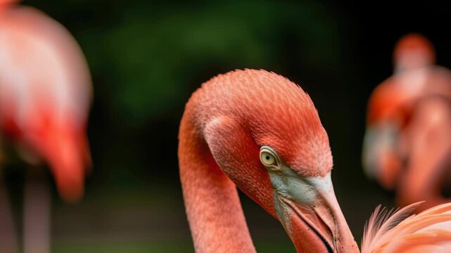 Flamingo Close-Up: A striking close-up of a vibrant pink flamingo reveals its intricate feather detail and piercing gaze, set against a soft, blurred background of its companions.