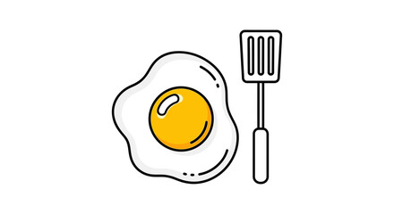 A simple line art illustration of a fried egg next to a kitchen spatula. © Abid_Dilnawas