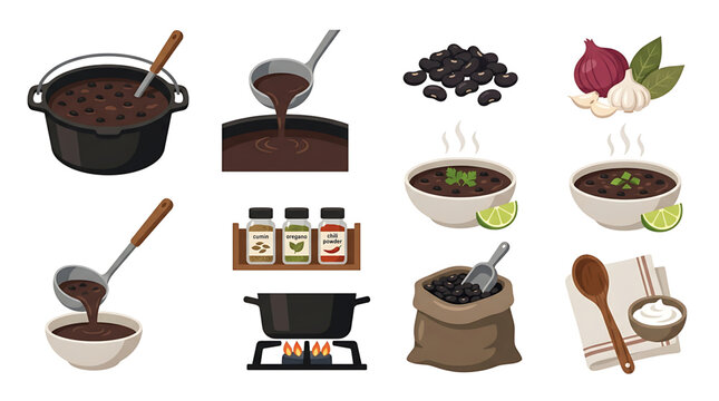 Black bean soup cooking process and ingredients set