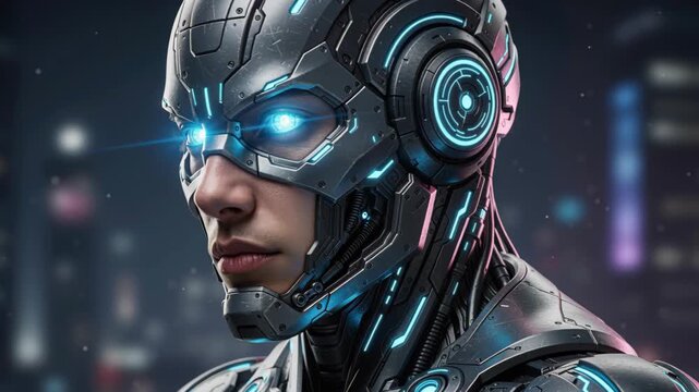 Futuristic Cyborg Vision: A close-up portrait of a man in a sophisticated cybernetic suit, with glowing blue eyes and intricate metallic details, set against a blurred cityscape at night.