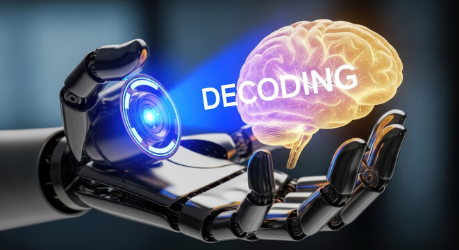 Neuroscience ai interplay concept with robotic hand holding glowing brain and decoding text symbolizing artificial intelligence and brain research
